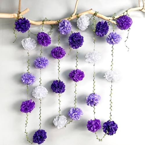 Ombre Purple White Party Decorations Lavender White Tissue Paper Flowers Pom Pom with Leaf Ribbon Hanging Garland Streamer for Birthday Bachelorette Wedding Lilac Violet Party Supplies - Image 5