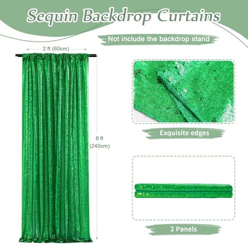 Green Sequin Backdrop Curtains-2 Panels 2FTx8FT Green Backdrop for St Patricks Day, Glitter Party Decorations Background Drapes for Wedding Birthday Anniversary Graduation Photo Booth Decor - Image 3