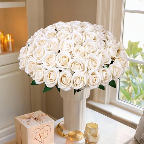 50 PCS Champagne Roses Artificial Flowers, Fake Roses with Stem Realistic Silk Rose for DIY Wedding Bouquets Table Centerpieces Arrangements Baby Shower Birthday Home Decor Valentines Day Gift for Her - Image 4