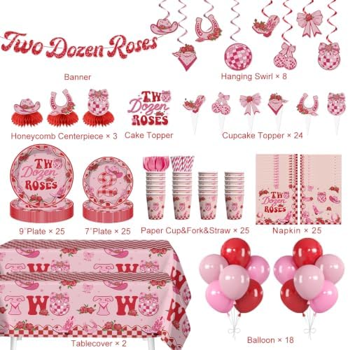 217PCS Two Dozen Roses 2nd Birthday Theme Party Supplies, Serves 25 - Image 2