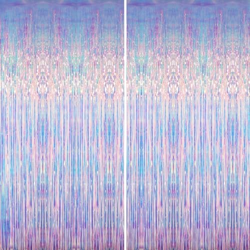 GOER 3.2 ft x 6.5 ft Metallic Tinsel Foil Fringe Curtains Party Photo Backdrop Party Streamers for Mermaid Birthday Party Decorations(2 Packs,Iridescent) by GOER