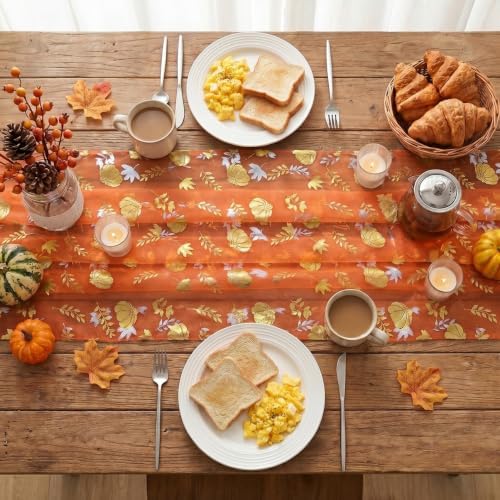 Artoid Mode 6-Pack Fall Gauze Table Runner 120 Inch, Metallic Foil Leaves - Image 4