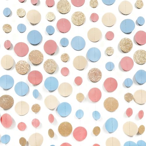 Champagne Gold Dusty Pink Blue Cream Beige Circle Dot Hanging Streamer Polka Dot Garland Banner for Birthday Wedding Bridal Shower Engagement Boho Gender Reveal Party Decorations Supplies - Image 2