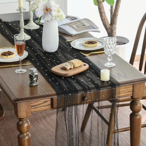 Artoid Mode Pearl Black Gauze Table Runner 10FT Home Decor - Image 2