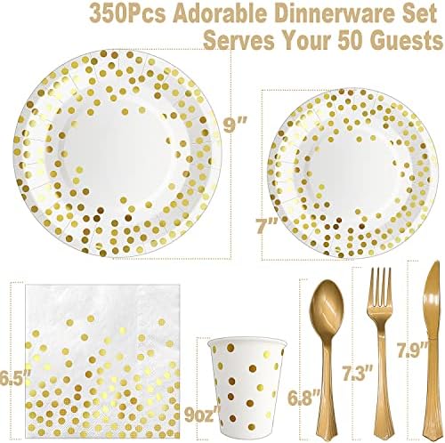 AIRE White Gold Dot Paper Plates Set, 350PCS Disposable Dinnerwarefor 50 - Image 2