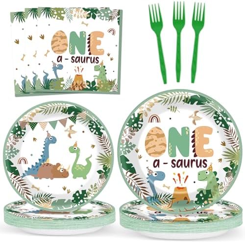 96Pcs One A Saurus Dinosaur 1st Birthday Plates and Napkins Boho Dino First Party Decorations Dinosaur First Dessert Plates Cartoon Jungle Dino 1st Tableware for 24 Guests Kids Birthday Party Supplies by CHUNNIN