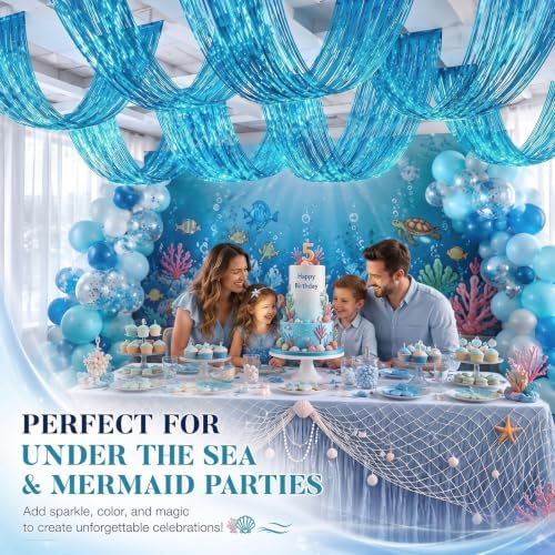 Breling 8 Pcs Light Blue Ceiling Fringe Curtains, Foil Drapes, 15 ft - Image 4