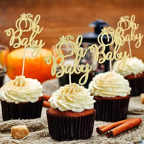 24Pcs Pumpkin Oh Baby Cupcake Toppers Glitter Fall Theme Pumpkin Cupcake Picks Baby Shower Cake Decorations for Pumpkin Theme Gender Reveal Kids Birthday Party Supplies Gold - Image 6