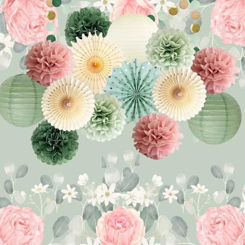 Sage Green and Dusty Pink Party Decorations Green & Pink Party Decor Sage Tissue Pom Poms Paper Lanterns Beige Paper Fans for Women Girls Birthday Wedding Bridal Shower Baby Shower Party Decor - Image 7