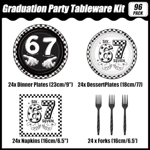 6 7 Birthday Decorations - 96 Pcs 6 7 Birthday Theme Party Plates Napkins Forks Tableware Set Decor, Black 67 Meme Party Dinnerware Supplies for Teens Adults Serves 24 - Image 2