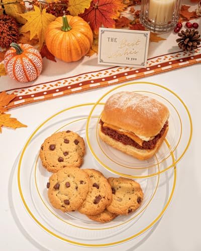bUCLA 300Pcs Clear Gold Plastic Disposable Dinnerware Set - Clear Plates with Gold Trim Include 50 Dinner / 50 Dessert Plates,50 Cups,150 Plastic Silverware Set for Party - Image 7