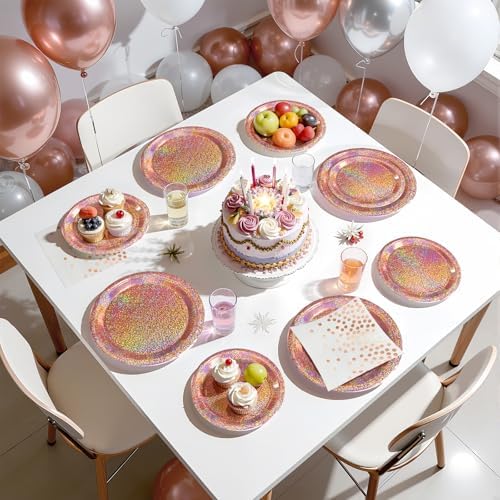 Rose Gold Party Decor, 75 Pcs Iridescent Paper Plates and Napkins Set - Image 4