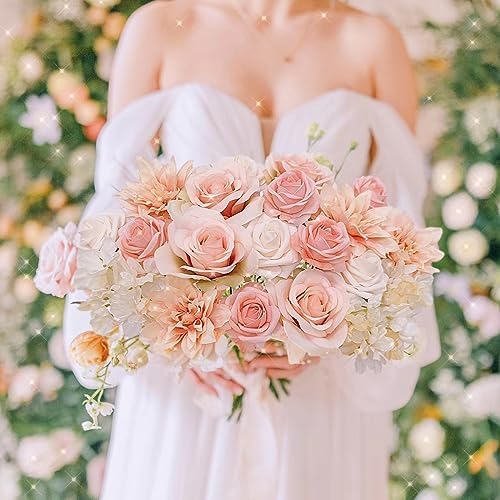 FACINOC Roses Artificial Flowers Peach Pink Bouquet Fake Flower Box Set - Image 2