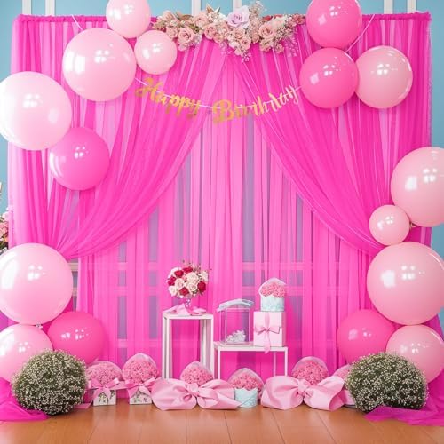 20ft X 10ft Hot Pink Tulle Backdrop Curtain for Parites, Sheer Backdrop Curtains Fabric Drapes for Wedding Ceremony Arch Party Stage Decorations - Image 3