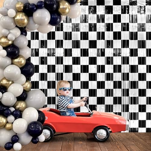 6 Pack 3.3Ft x 6.6Ft Race Car Checkered Foil Fringe Curtain Backdrop Decorations, Black White Metallic Tinsel Foil Streamers Curtain Photo Booth for Race Car One Happy Dude Birthday Party Decorations - Image 7