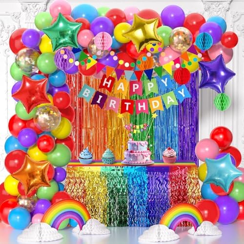 102Pcs Rainbow Birthday Decorations, Colorful Birthday Party Decorations for Girls and Boys, Rainbow Party Decorations Pack with Happy Birthday Banner, Balloons, Fringe Curtain, Hanging Swirls by MOAOO