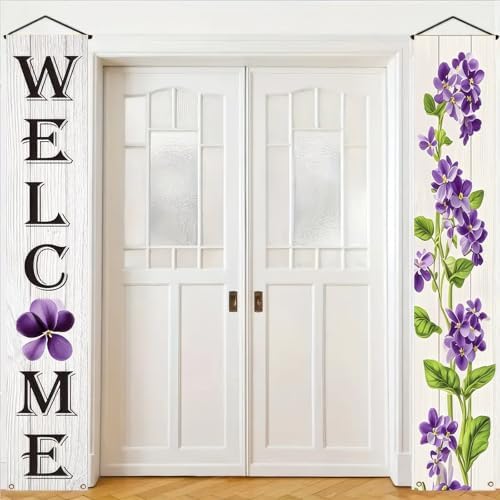 BlissYard Spring Summer Banner 70x12 Inch Vertical Spring Summer Door Banners Door Decorations Hanging Purple Floral Welcome Porch Signs Outdoor Summer Decorations for Seasonal Outdoor Decoration - Image 3