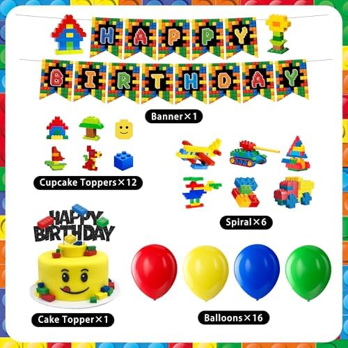 206PCS Building Block Birthday Party Supplies, Plates, Napkins, Cups, Cutlery, Cake & Cupcake Toppers, Banner, Hanging Swirls, Tablecloth, Balloons for Boys Birthday Party Decorations Serve 24 Guests - Image 2