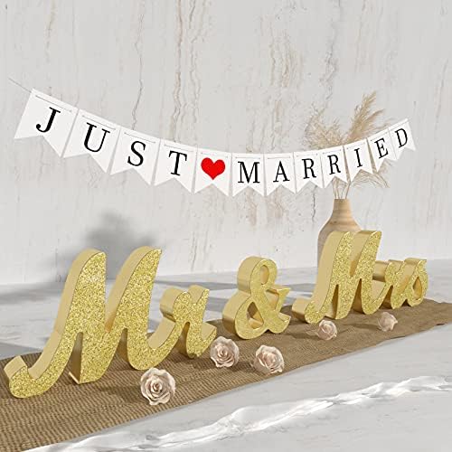 VIOPVERY Wooden Mr & Mrs Wedding Sign with Just Married Banner,Gold by VIOPVERY