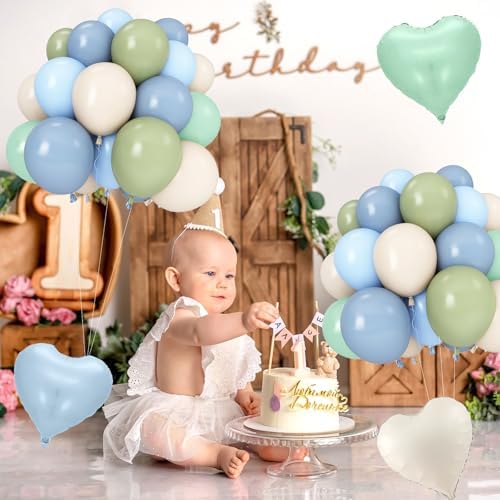 Dusty Blue Sage Green Balloon Arch Kit, 140Pcs Fog Blue and Light Blue Green Sand White Balloons Different Size with Heart Foil Balloon for Baby Shower Bridal Anniversary Birthday Party Decorations - Image 5