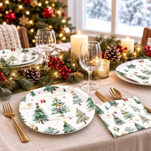 50PCS Happy Birthday Plates and Napkins, 7inch Colorful Dots Cake Dessert Plates Disposable Paper Dinnerware Set Party's Supplies Decorations (Xmas, 7 Inch) - Image 2