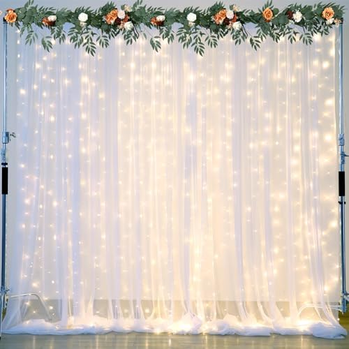 White Tulle Backdrop Curtain with Lights String for Parties Wedding Bridal Shower Sheer White Curtain Backdrop for Birthday Baby Shower Photo Booth Photography Background Decorations 20ft x 8ft by Suppromo