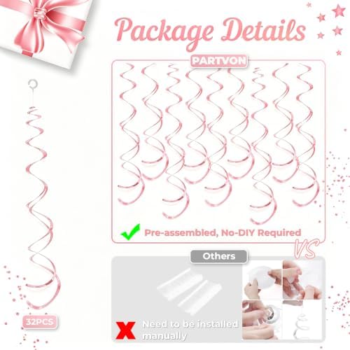 32 PCS Pink Hanging Swirl, Sparkle Ceiling Hanging Decorations, Plastic Streamer Party Decorations for Birthday, Baby Shower, Bridal Shower, Easter, Graduation - Image 4