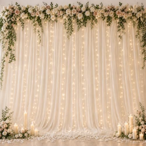 Ledido 10×10ft Beige Tulle Backdrop Curtain with Light(2 Panels 5×10ft) by Ledido