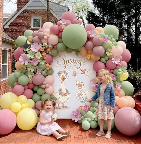 Pastel Pink Yellow Green Balloon Arch with Artificial Flower Double Stuffed Dusty Green Pink Peach Mauve Balloon Garland Kit for Tea Party Wildflower Spring Birthday Baby Shower Fairy Party Decor - Image 5