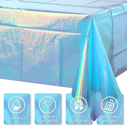 FunnyPars 1 Pack Iridescent Blue Plastic Tablecloth,Shiny Blue Disposable Laser Rectangle Table Covers,Blue Holographic Foil Tablecloth Party Decorations for Birthday,40x108'' - Image 3