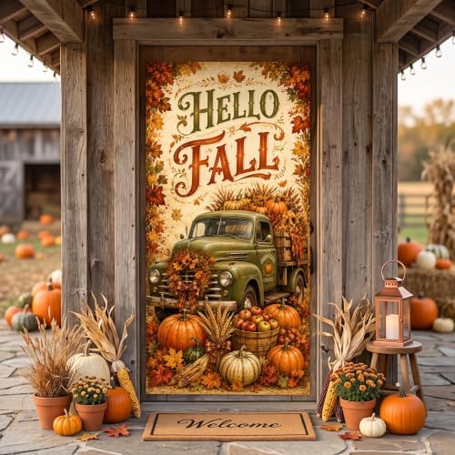 Hello Fall Door Banner 35 x 71 Inch Autumn Front Door Hanging Cover with Green Farm Truck Pumpkins Sunflower Maple Leaves Backdrop Design for Indoor Outdoor Farm Harvest Thanksgiving Party Supplies - Image 4