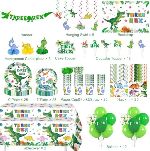 188Pcs Yingoto Three Rex Birthday Decorations Boy Tableware Set, Serves 25 - Image 2