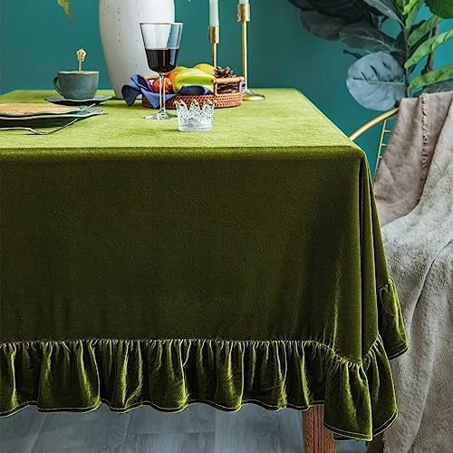 GLORY SEASON Velvet Tablecloth Luxurious Solid Rectangle Table Cloth,Oblong Retro Farmhouse Ruffle Tablecloths Washable Table Cover for Party Olive Green,52x70 Inches by GLORYSEASON