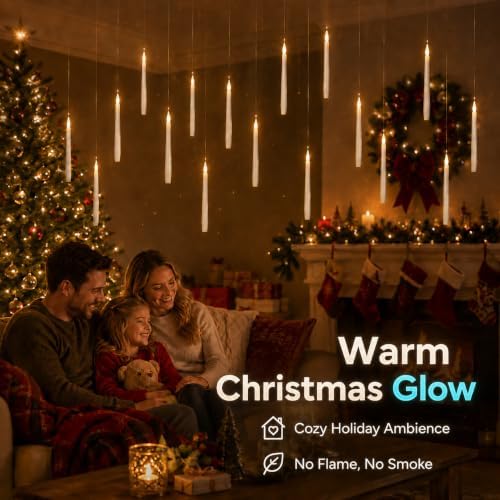 Enido 24 Pack Hanging Flameless Taper Candles with 2 Magic Wand Remotes, Battery Operated LED Floating Candles for Ceiling, Halloween Christmas Indoor Decor - Image 3