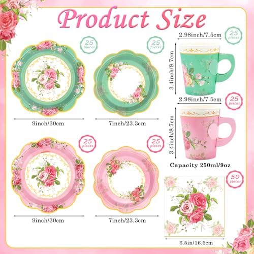 200Pcs Floral Tea Cups and Saucers for Tea Party Supplies, Disposable Tea Cups with Handle and Paper Napkins Dinnerware for Floral Theme Birthday Wedding Bridal Shower Baby Shower（Pink Green） - Image 3