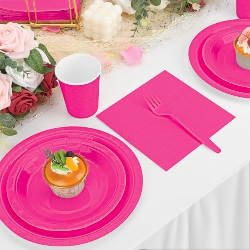 250Pcs Hot Pink Paper Plates and Napkins Supplies, Include 9’’Paper Party Plate, 7’’Dessert Plates Cups Napkins Forks Sets for Birthday, Anniversaries, Wedding, Picnics, Serves 50 - Image 5