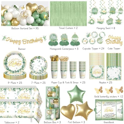 cocomigo 305pcs Sage Green Birthday Decorations Party Set, for 25 Guests - Image 2