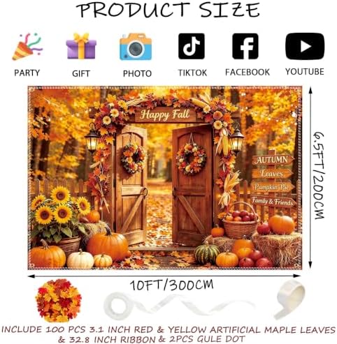 Fall Backdrop 10×6.5ft, with 100 Pcs Red & Yellow Artificial Maple Leaves - Image 2