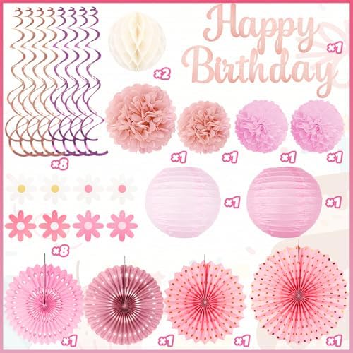 Pink Birthday Party-Decorations - 29pcs Beige Rose Gold Party Decorations for Women Girls, Happy Birthday Banner Paper Daisy Flower Streamers Lanterns Tissue Pom Poms - ZERODECO - Image 2