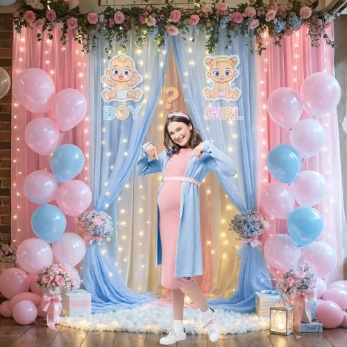 Pink Blue Sheer Tulle Backdrop Curtains with Lights String for Gender Reveal Baby Shower Decorations for Boy or Girl Birthday Party Photo Shoot Backdrop Background Decorations 2 Panels 5×8ft - Image 2