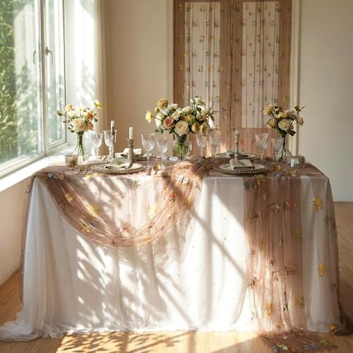 Floral Gauze Table Runner 10ft Embroidery Tulle Spring Wildflower Table - Image 4