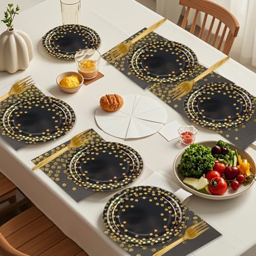 48PCS Black and Gold Plates and Napkins Party Supplies, Gold Dot Disposable Paper Plates and Napkins with Forks Tableware Set for Birthday Wedding Retirement Graduation Party Decorations 16 Guests - Image 6
