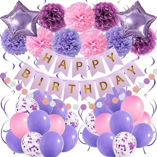 Purple & Pink Party Decorations with Banner for Women & Girls - Engagement, Anniversary & Birthday Party Supplies by Recosis
