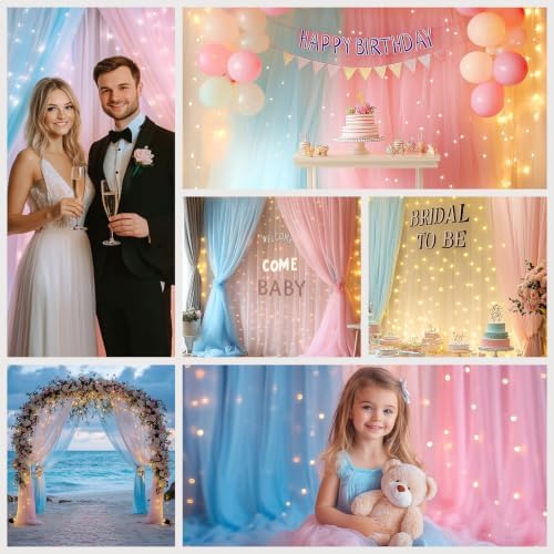 Tulle Curtain Backdrop with 300 LED Fairy Lights for Parites Wrinkle-Free Sheer Curtain Drapes Photo Back Drop for Wedding Baby Shower Bridal Shower Birthday Home Décor - 10ft×10ft, Pink Blue - Image 2