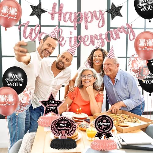Happy Work Anniversary Decorations for Men Women Black Rose Gold Happy Workiversary Banner Honeycomb Centerpieces Balloons Decor for Office Employee Worker Anniversary Appreciation Supplies - Image 3