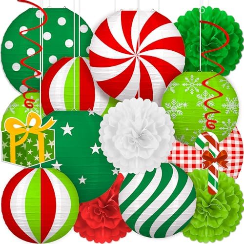 15PCS Christmas Decorations Ornaments Set – 9 Red White Green Paper Lanterns, 4 Pom Poms, 2 Hanging Swirls for Indoor, Home, Xmas Party, Porch Decor by Renbuzhu