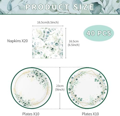 40 Pcs Sage Green Plates and Napkins - Sage Green Party Decorations Tableware Set, Disposable Round Paper Plates Eucalyptus Napkins for Birthday Bridal Wedding Baby Shower Party Supplies, Serves 20 - Image 3