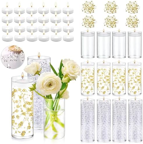 UDU 12 Set Glass Vases for Centerpieces with 24 White Floating Candles 80000 Vase Filler 6 Pearl String Party Event Home Wedding Centerpieces for Tables Decorations by Unknown