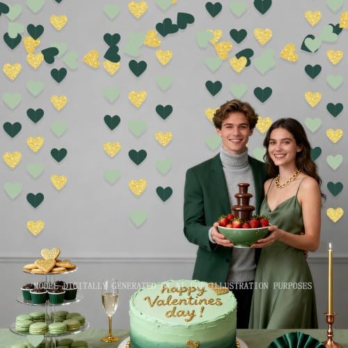 Sage Green and Gold Heart Party Glitter Gold Paper Olive Green Love Heart Hanging Garland Streamer Banner for Woodland Safari Birthday Wedding Anniversary Valentines Day Party Decorations - Image 6