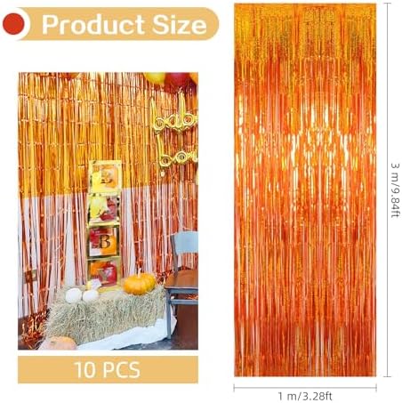 10 Pack Orange Foil Curtain Backdrop 3.2ft x 9.8ft Metallic Tinsel Foil Fringe Curtains Streamer Photo Booth Backdrop for Birthday Party Engagement Bachelorette Party Decorations - Sparkle Orange - Image 3